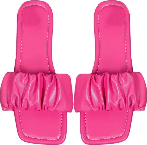 OYOANGLE Women's Leather Square Toe Sandals Ruched Single Band Outdoor Casual Flat Slippers