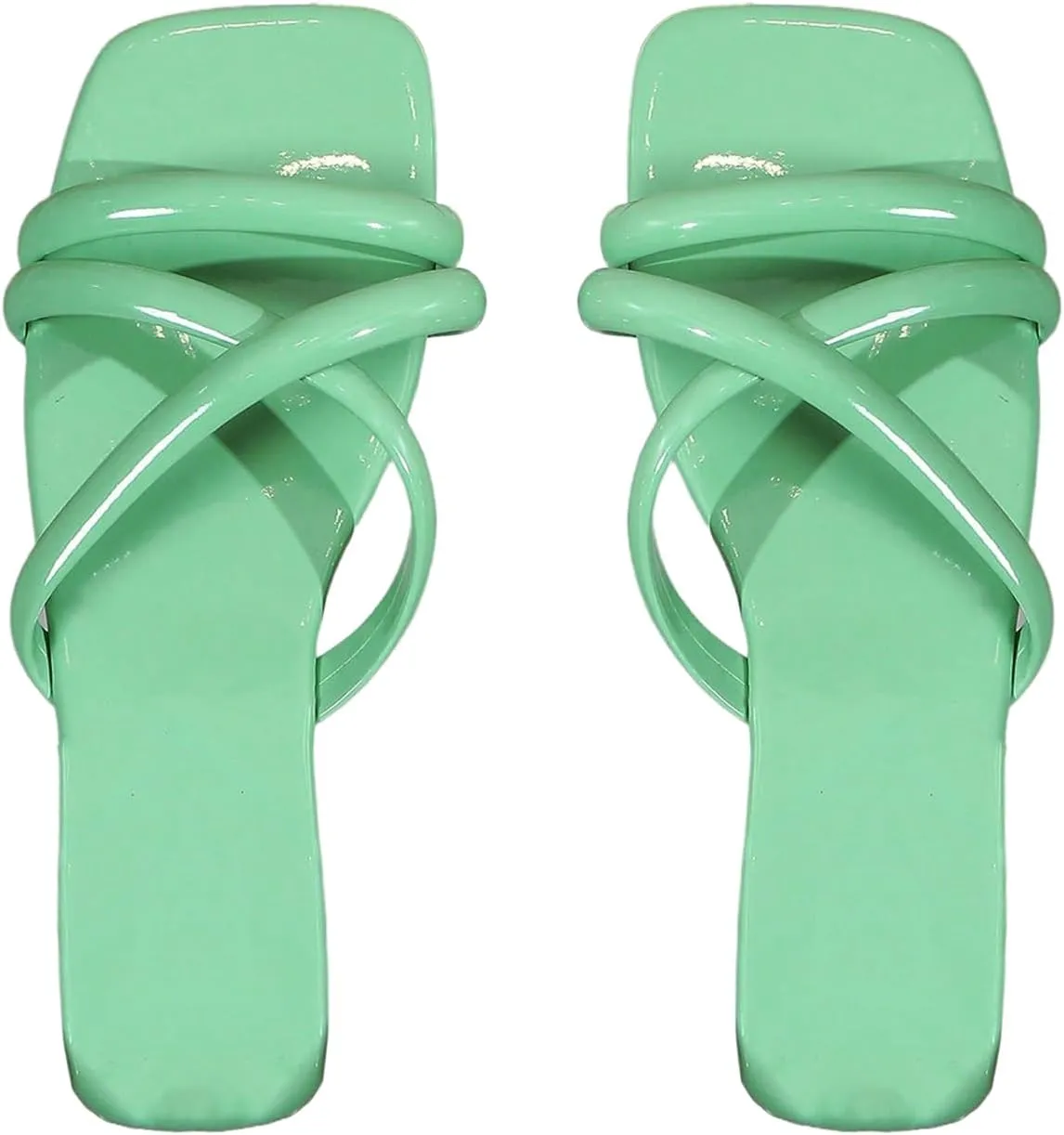 OYOANGLE Women's PU Leather Criss Cross Strap Flat Sandals Square Open Toe Slide Sandals Indoor Outdoor Shoes