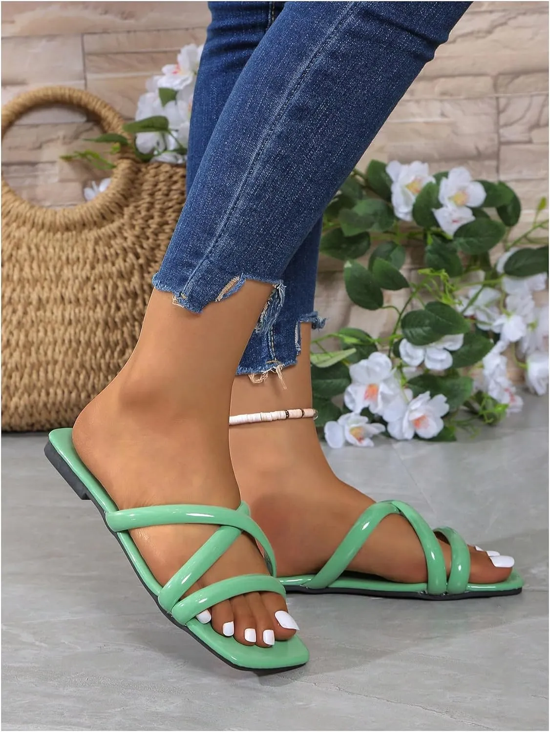 OYOANGLE Women's PU Leather Criss Cross Strap Flat Sandals Square Open Toe Slide Sandals Indoor Outdoor Shoes