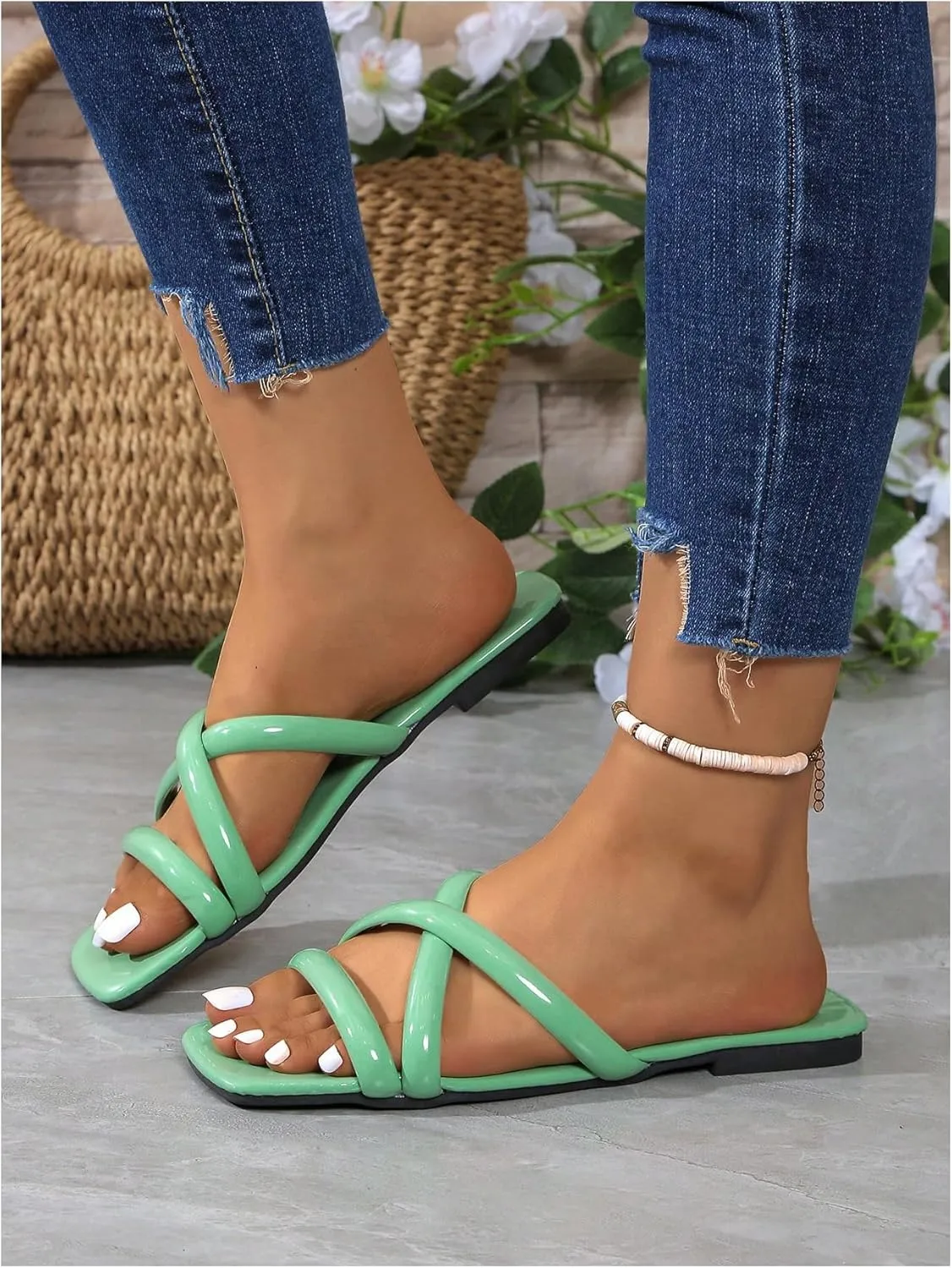 OYOANGLE Women's PU Leather Criss Cross Strap Flat Sandals Square Open Toe Slide Sandals Indoor Outdoor Shoes