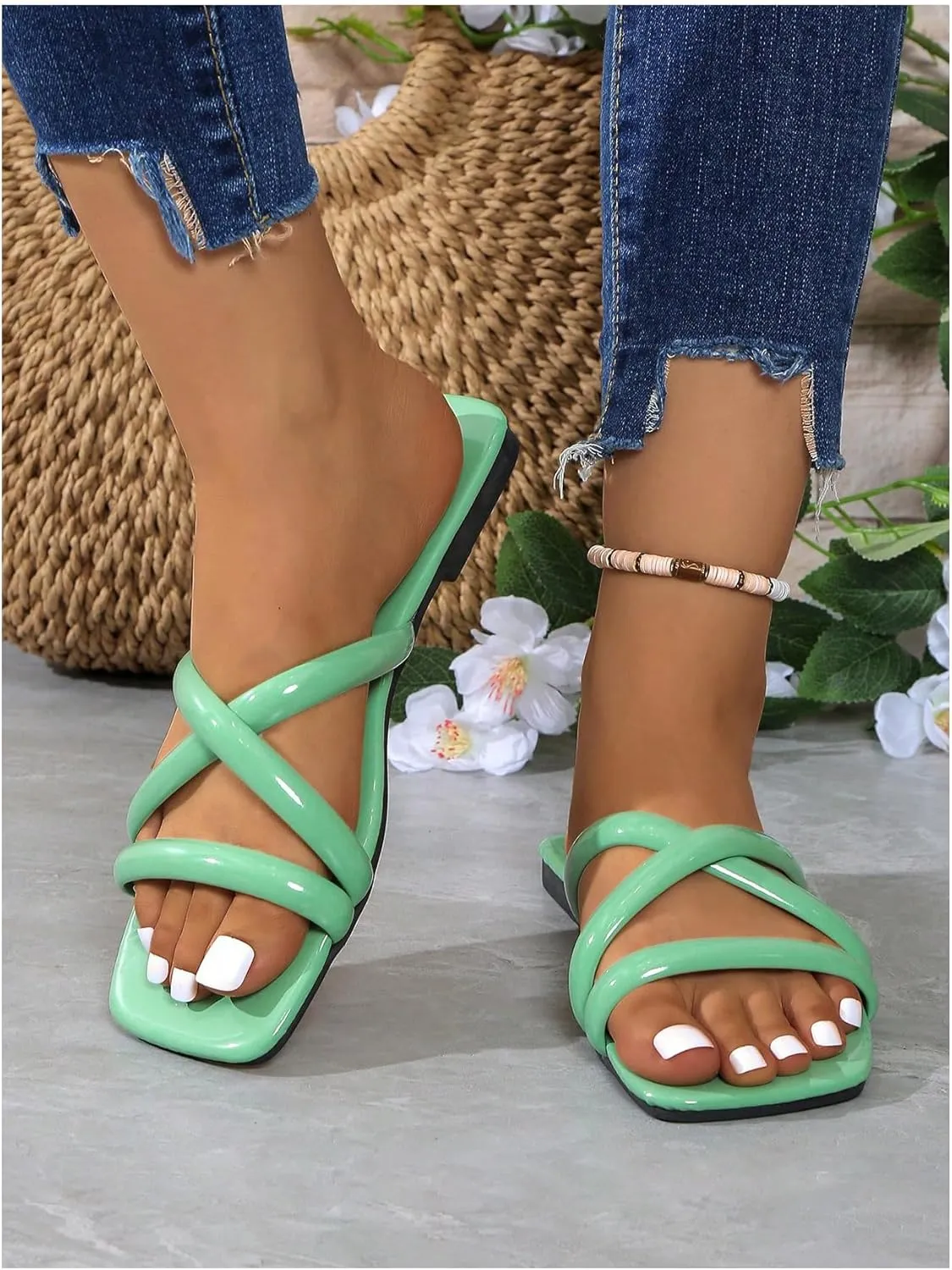 OYOANGLE Women's PU Leather Criss Cross Strap Flat Sandals Square Open Toe Slide Sandals Indoor Outdoor Shoes