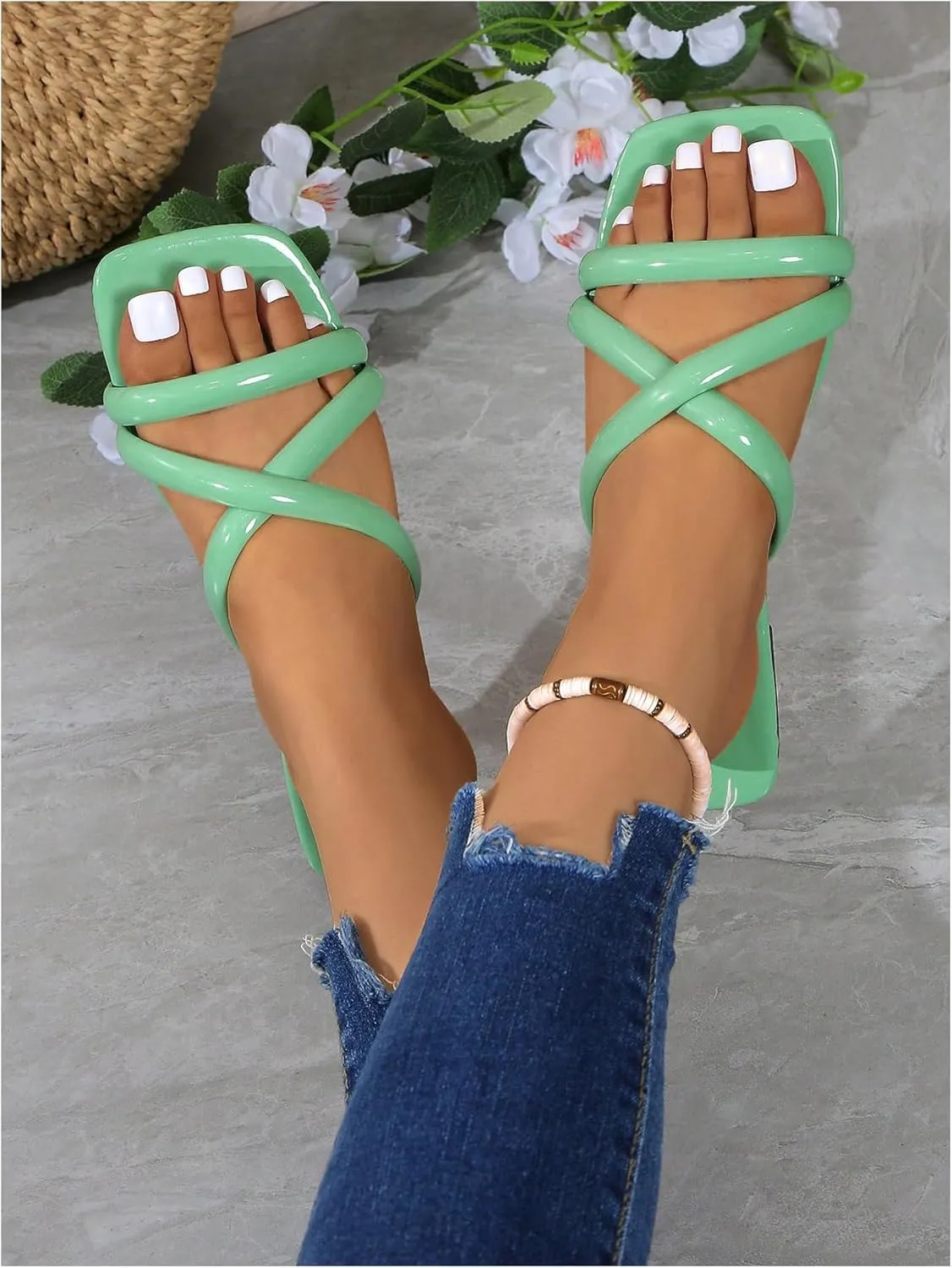 OYOANGLE Women's PU Leather Criss Cross Strap Flat Sandals Square Open Toe Slide Sandals Indoor Outdoor Shoes