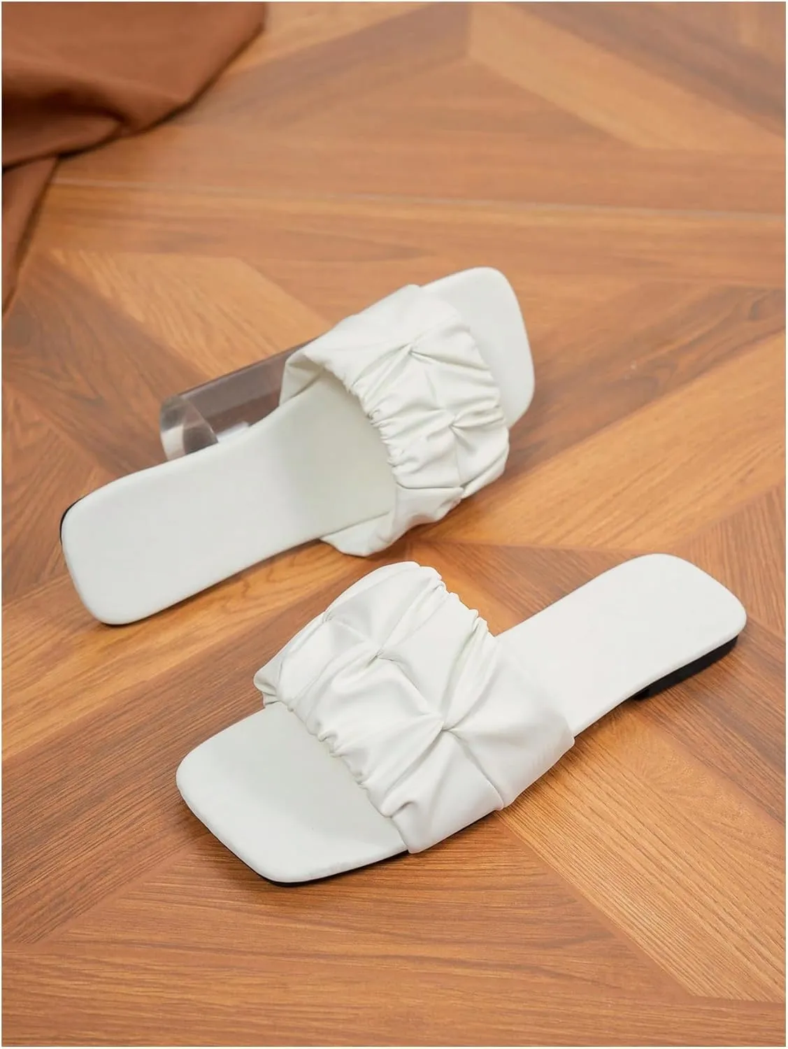 OYOANGLE Women's Square Open Toe Ruched Single Band Flat Sandals Dressy Casual Slide Sandal