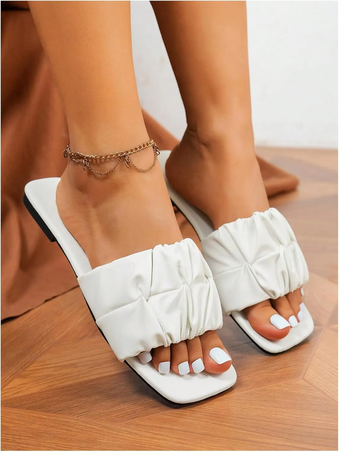 OYOANGLE Women's Square Open Toe Ruched Single Band Flat Sandals Dressy Casual Slide Sandal