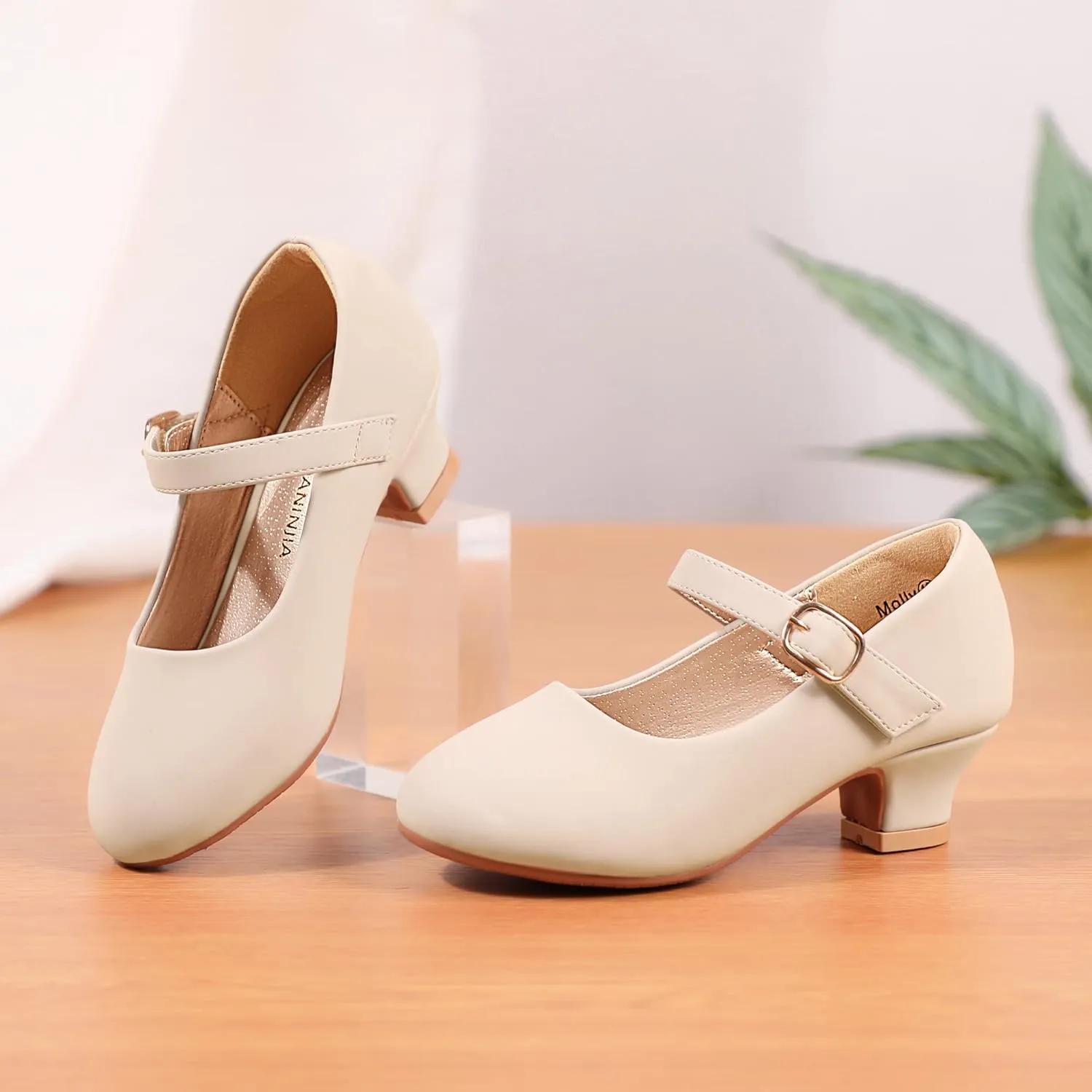 PANDANINJIA Molly Girls Dress Shoes Mary Jane Heels Flower Wedding Party Back to School Pump Shoes for Toddler Little Kid