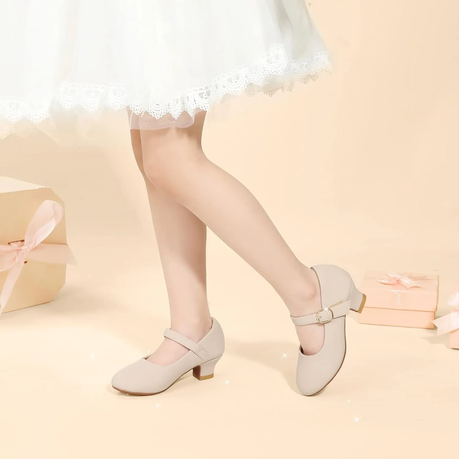 PANDANINJIA Molly Girls Dress Shoes Mary Jane Heels Flower Wedding Party Back to School Pump Shoes for Toddler Little Kid