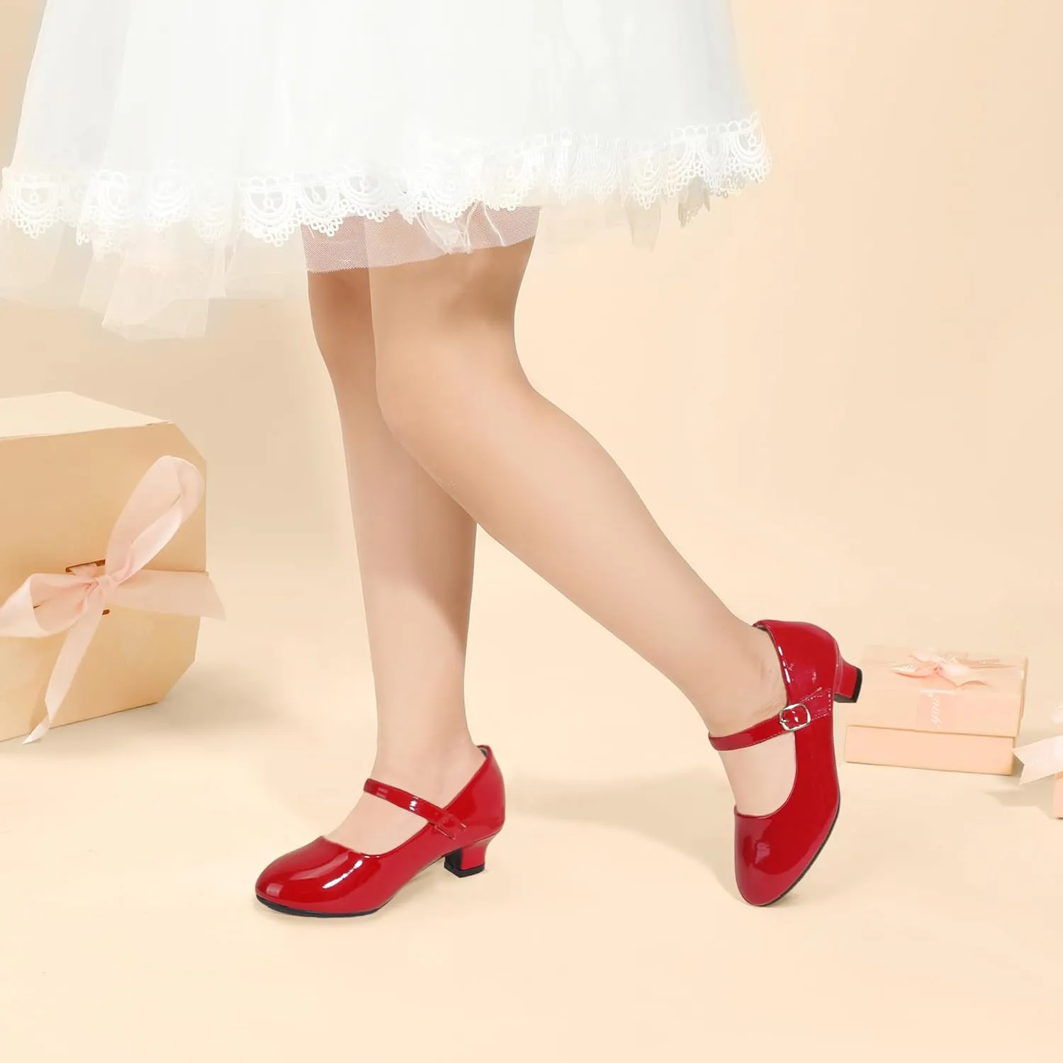 PANDANINJIA Molly Girls Dress Shoes Mary Jane Heels Flower Wedding Party Back to School Pump Shoes for Toddler Little Kid