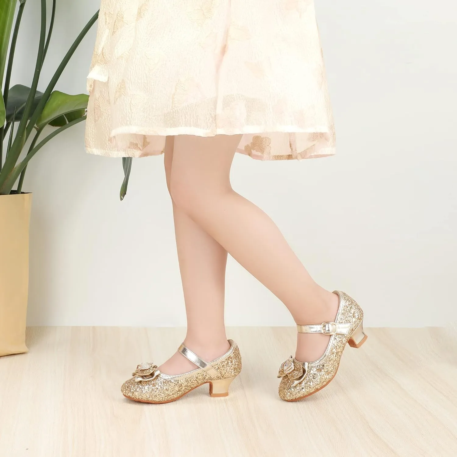 PANDANINJIA Molly Girls Dress Shoes Mary Jane Heels Flower Wedding Party Back to School Pump Shoes for Toddler Little Kid