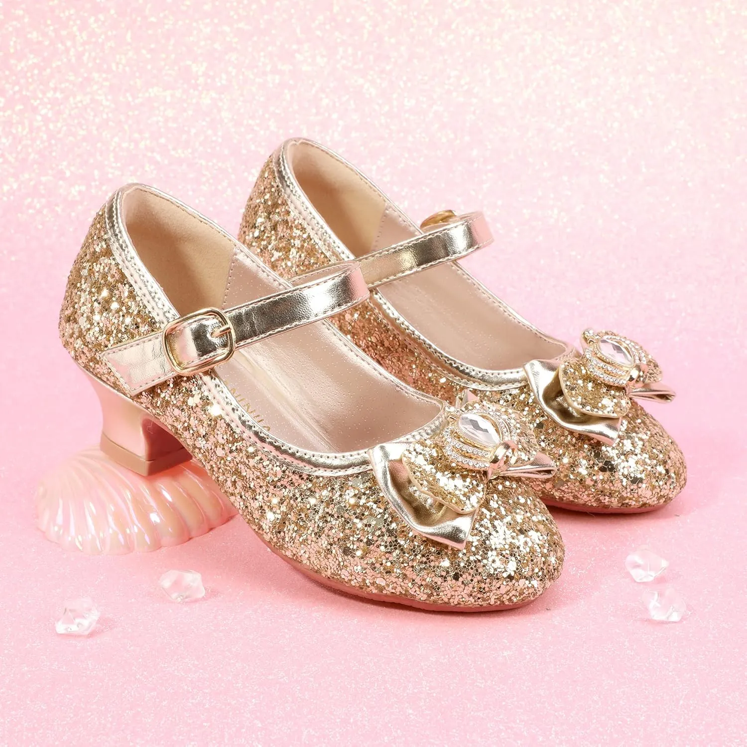 PANDANINJIA Molly Girls Dress Shoes Mary Jane Heels Flower Wedding Party Back to School Pump Shoes for Toddler Little Kid