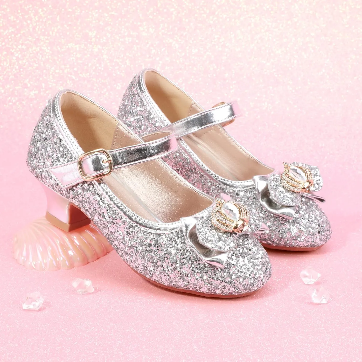 PANDANINJIA Molly Girls Dress Shoes Mary Jane Heels Flower Wedding Party Back to School Pump Shoes for Toddler Little Kid