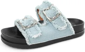 Platform Sandals for Women Denim Sandals Double Buckle Adjustable Straps Slip On Slide Sandals InDoor/Outdoor Comfortable Vacation