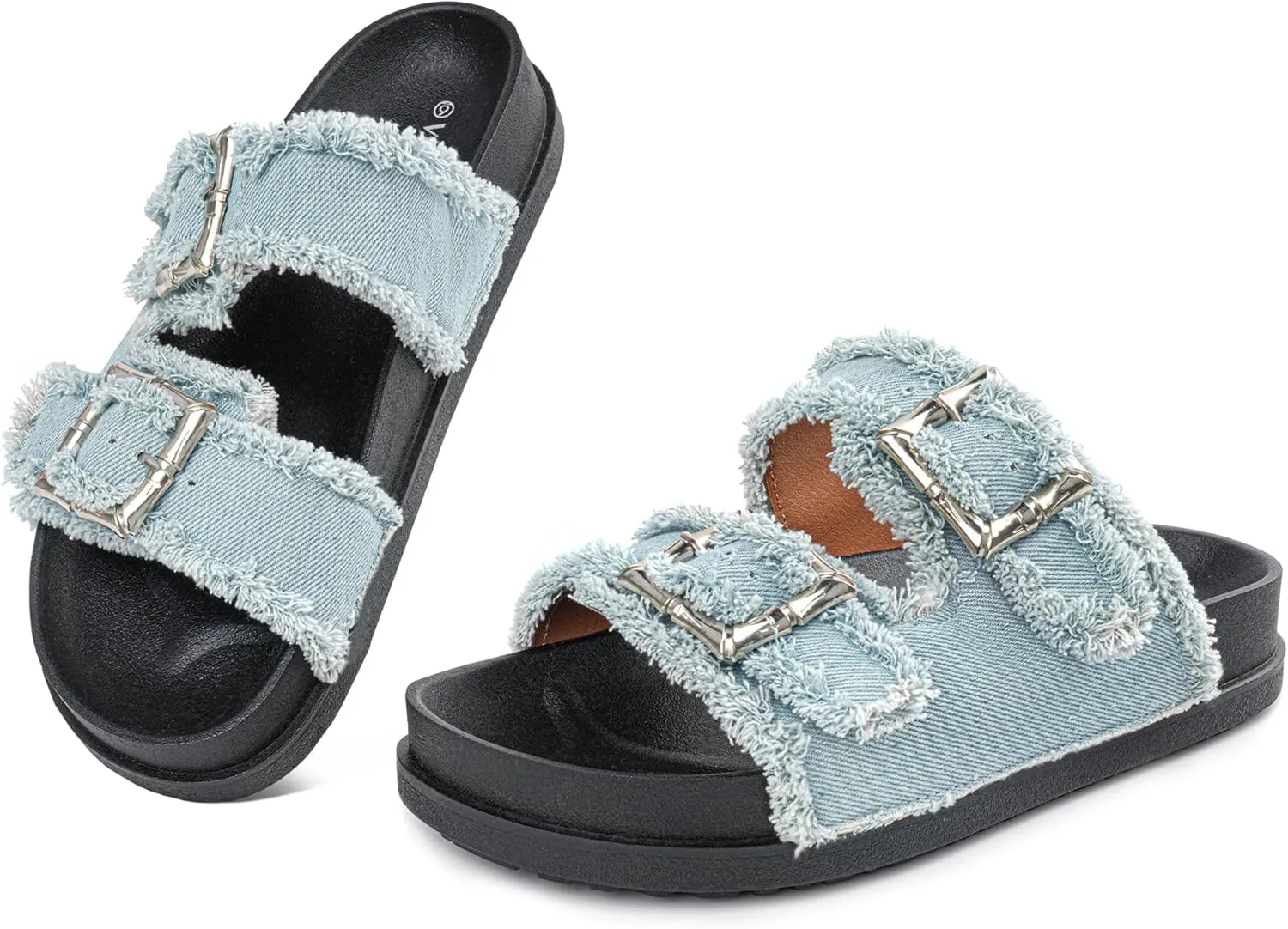 Platform Sandals for Women Denim Sandals Double Buckle Adjustable Straps Slip On Slide Sandals InDoor/Outdoor Comfortable Vacation