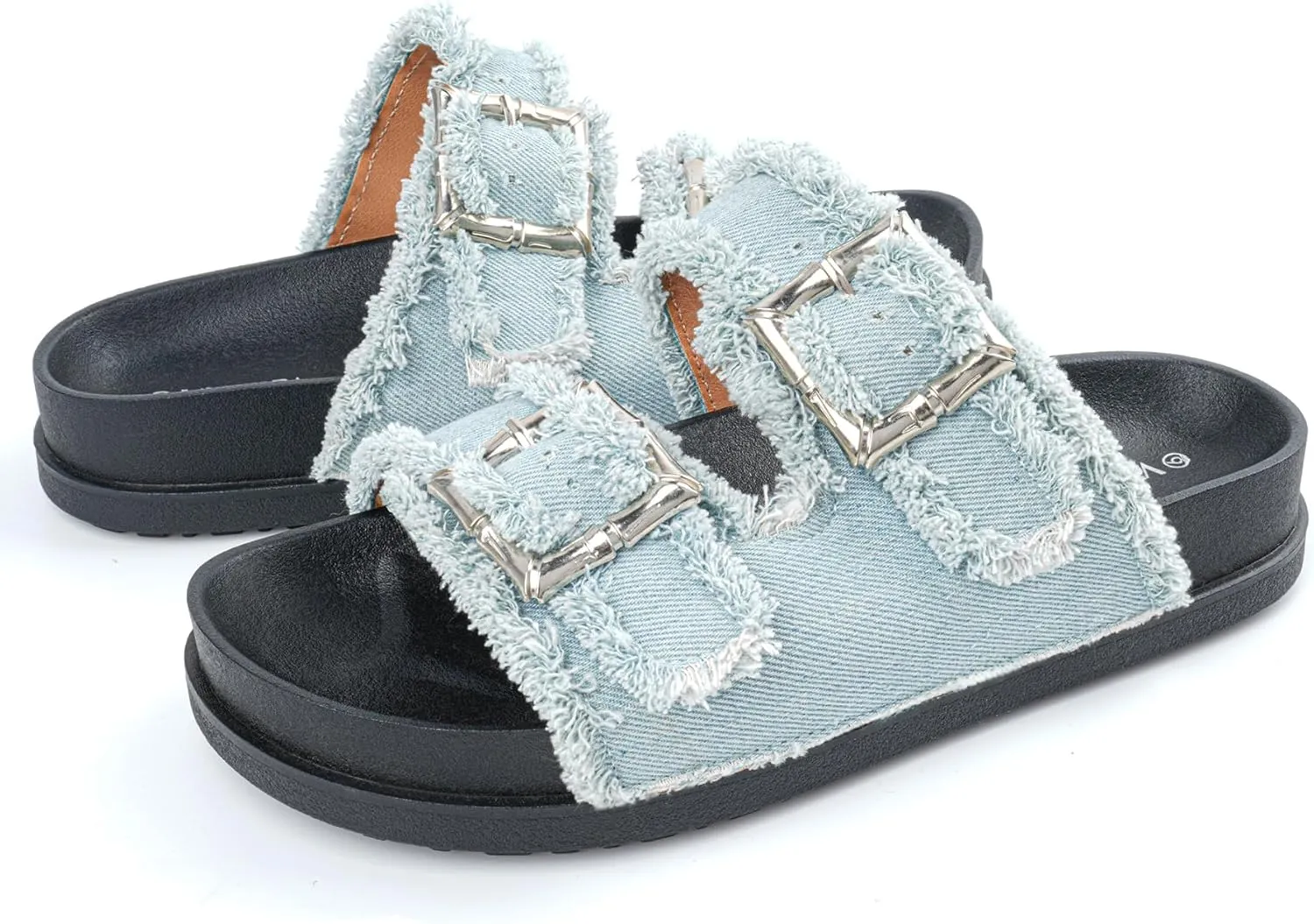 Platform Sandals for Women Denim Sandals Double Buckle Adjustable Straps Slip On Slide Sandals InDoor/Outdoor Comfortable Vacation