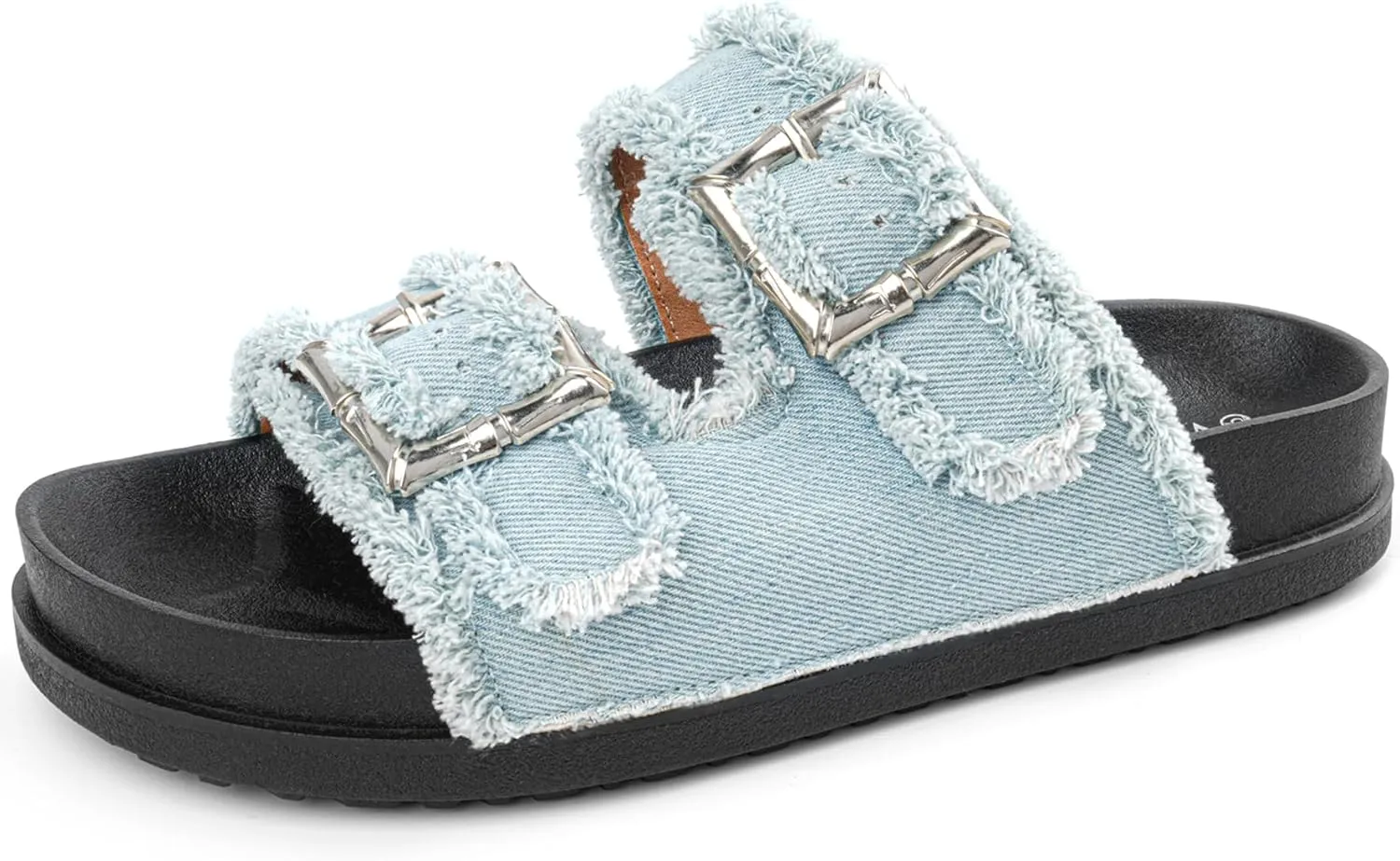 Platform Sandals for Women Denim Sandals Double Buckle Adjustable Straps Slip On Slide Sandals InDoor/Outdoor Comfortable Vacation