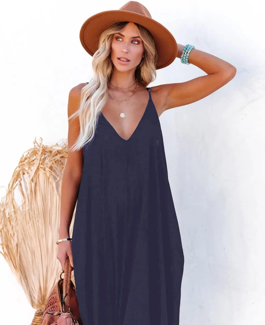 Poetsky Womens Casual Strappy V Neck Sleeveless Flowy Pockets Loose Long Maxi Beach Dress Sundress