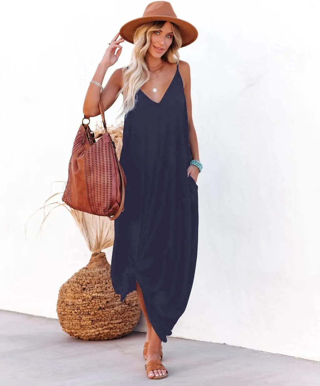 Poetsky Womens Casual Strappy V Neck Sleeveless Flowy Pockets Loose Long Maxi Beach Dress Sundress