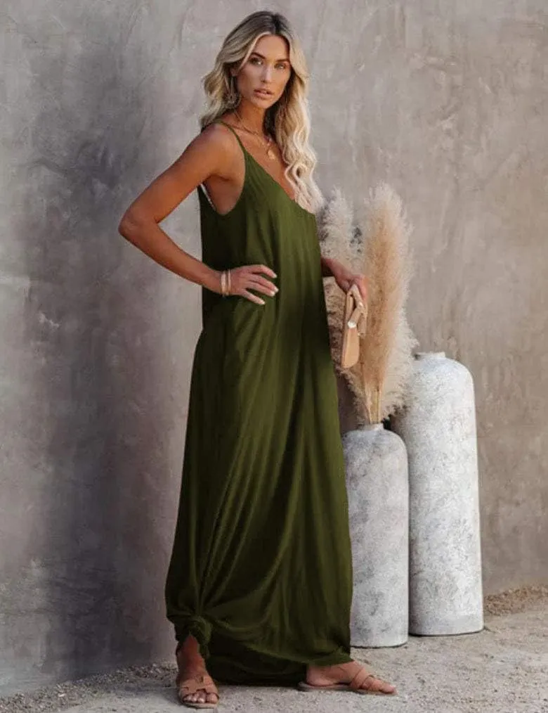 Poetsky Womens Casual Strappy V Neck Sleeveless Flowy Pockets Loose Long Maxi Beach Dress Sundress