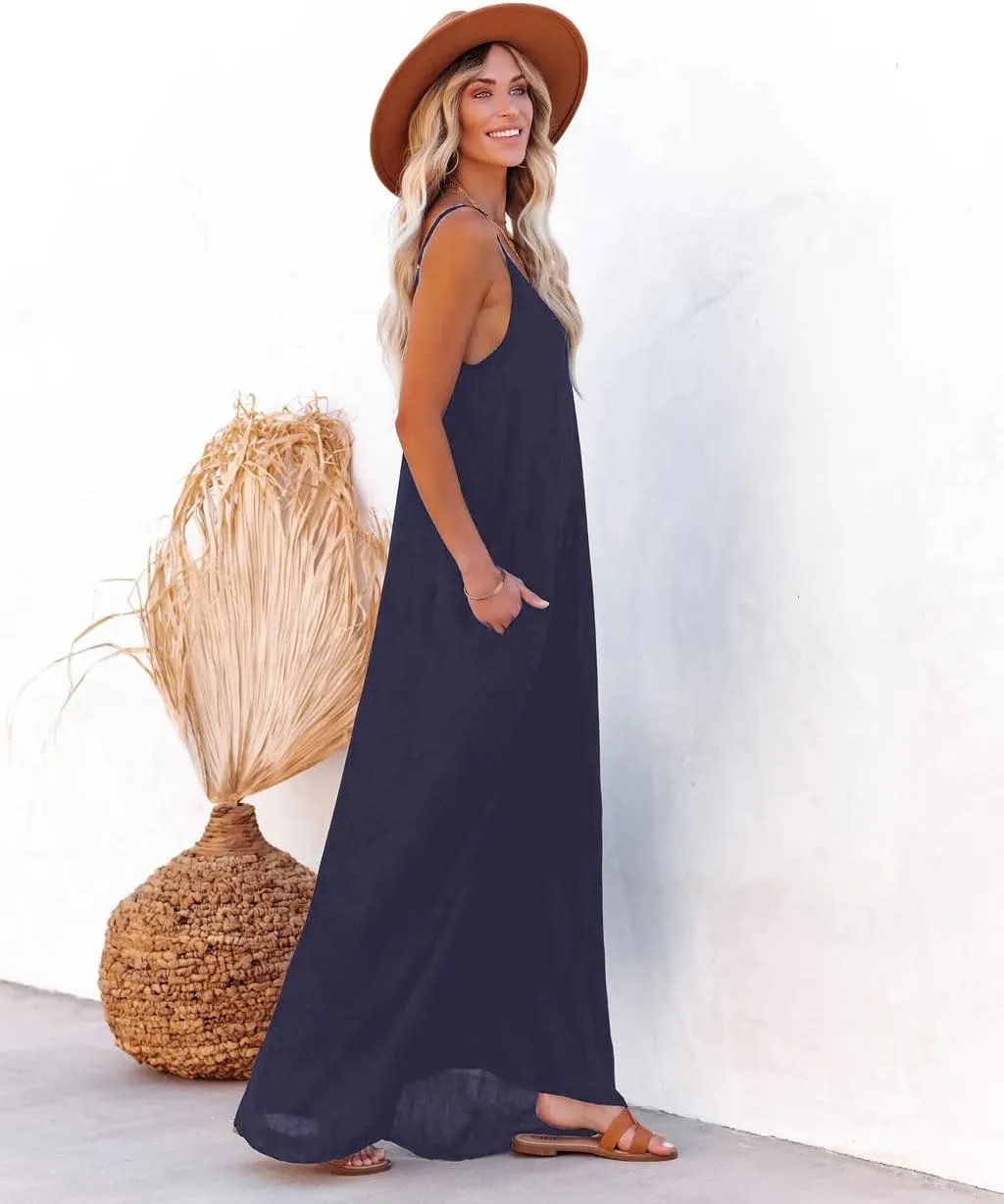 Poetsky Womens Casual Strappy V Neck Sleeveless Flowy Pockets Loose Long Maxi Beach Dress Sundress