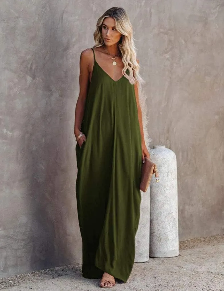 Poetsky Womens Casual Strappy V Neck Sleeveless Flowy Pockets Loose Long Maxi Beach Dress Sundress