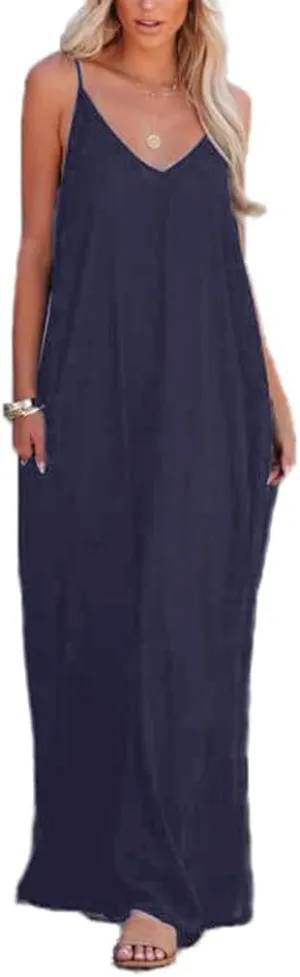 Poetsky Womens Casual Strappy V Neck Sleeveless Flowy Pockets Loose Long Maxi Beach Dress Sundress
