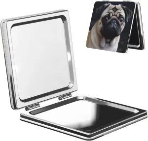 Pug Dog Printed Square Pocket Makeup Mirror with 1X/2X Magnification, Portable Mini Travel Makeup Mirror for Travel Daily Work Beauty
