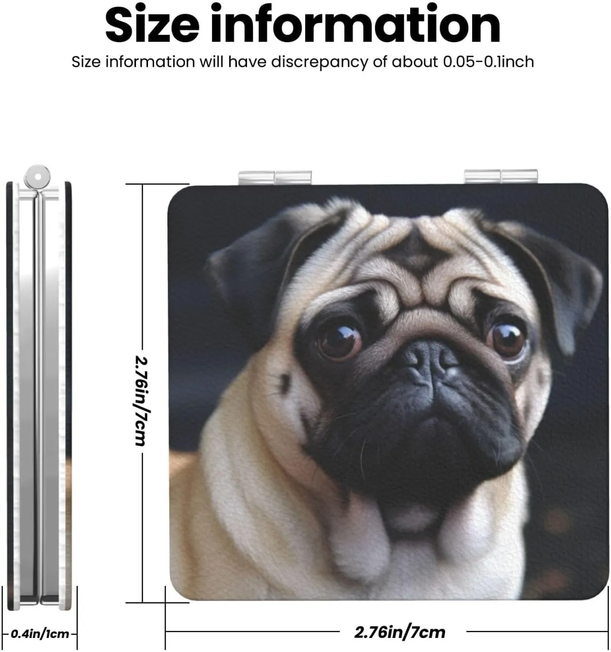 Pug Dog Printed Square Pocket Makeup Mirror with 1X/2X Magnification, Portable Mini Travel Makeup Mirror for Travel Daily Work Beauty