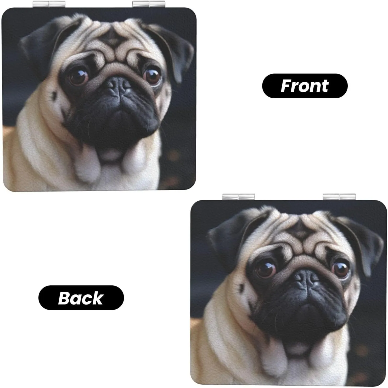 Pug Dog Printed Square Pocket Makeup Mirror with 1X/2X Magnification, Portable Mini Travel Makeup Mirror for Travel Daily Work Beauty