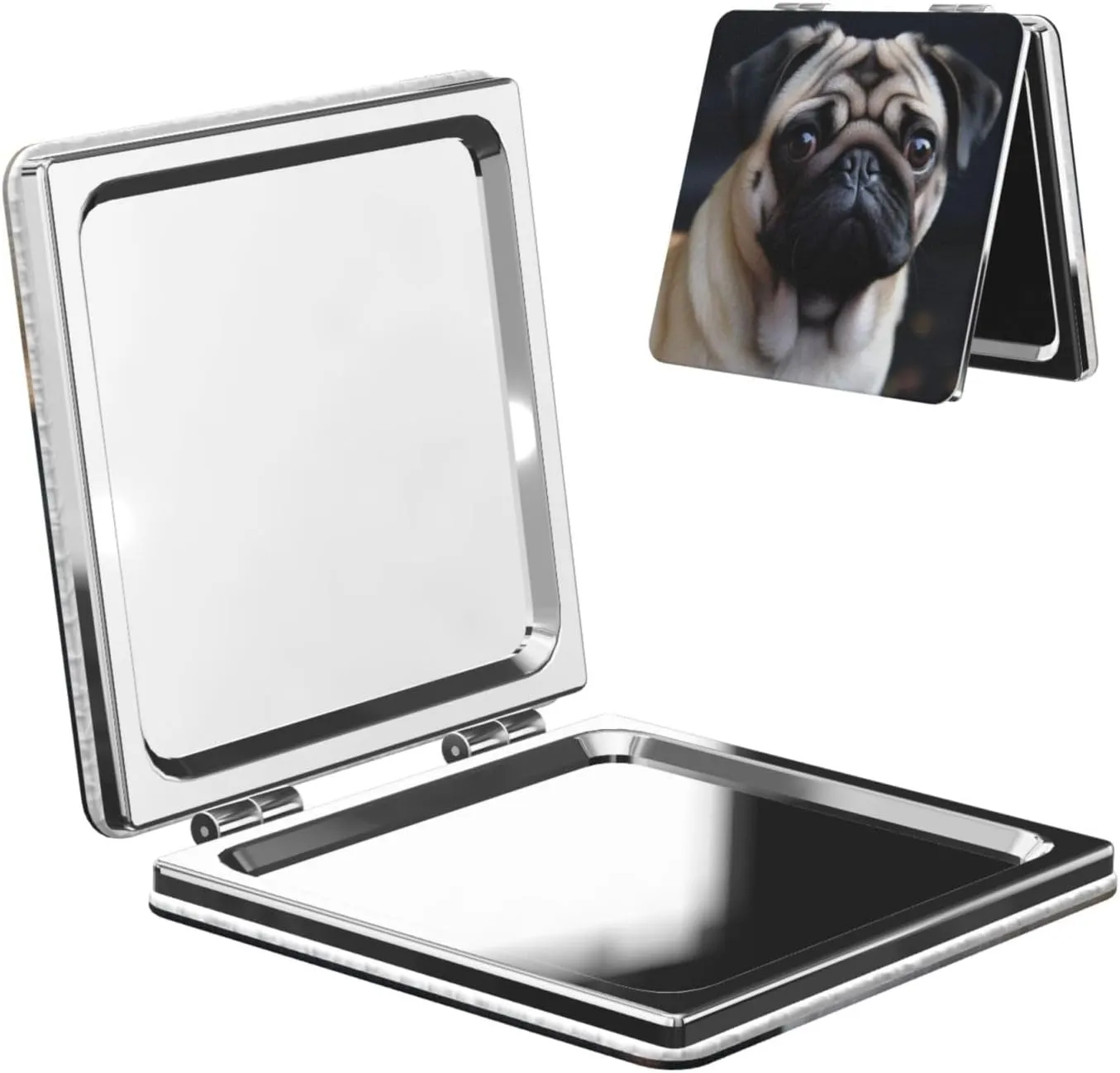 Pug Dog Printed Square Pocket Makeup Mirror with 1X/2X Magnification, Portable Mini Travel Makeup Mirror for Travel Daily Work Beauty