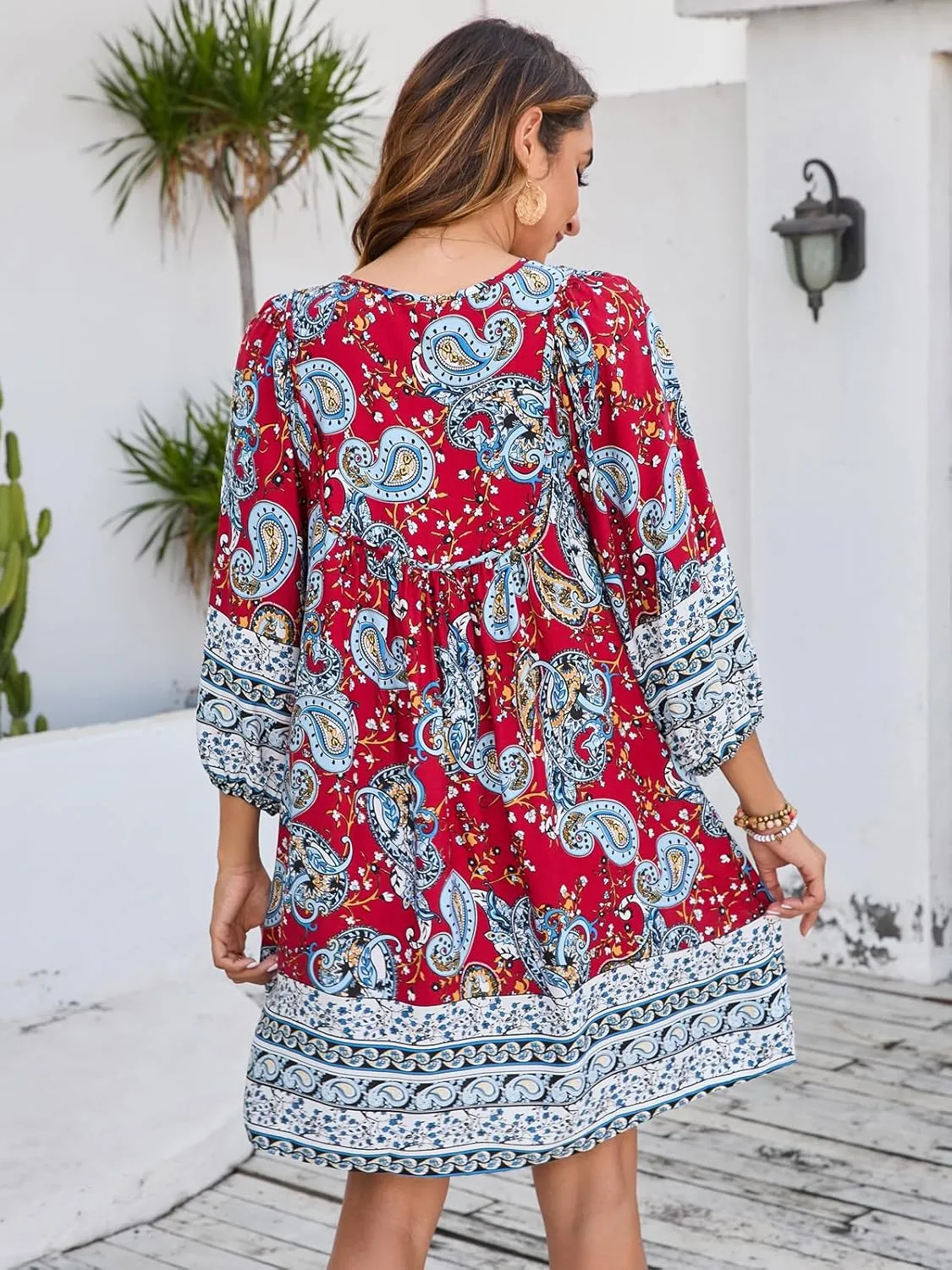 Qearal Womens Casual V Neck 3/4 Sleeve Boho Floral Printed Loose Short Mini Summer Beach Dress