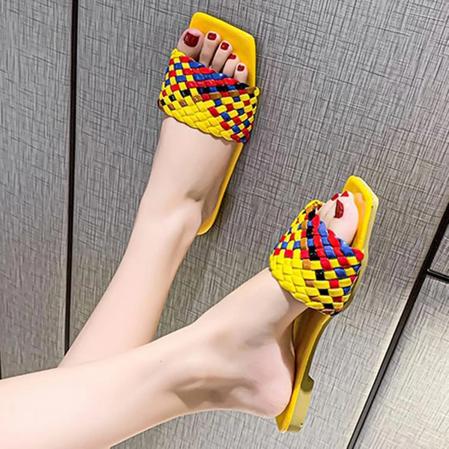 QMFUR Women Square Toe Flat Sandals Woven Leather Slippers Beach slides