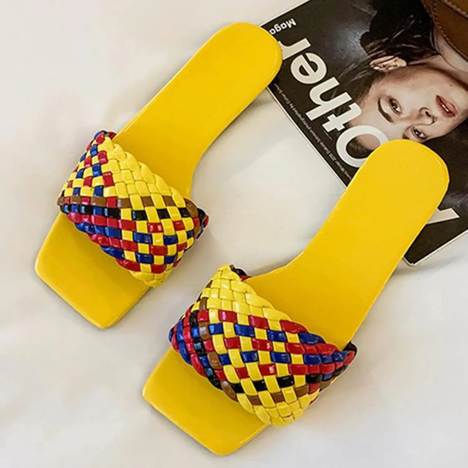 QMFUR Women Square Toe Flat Sandals Woven Leather Slippers Beach slides