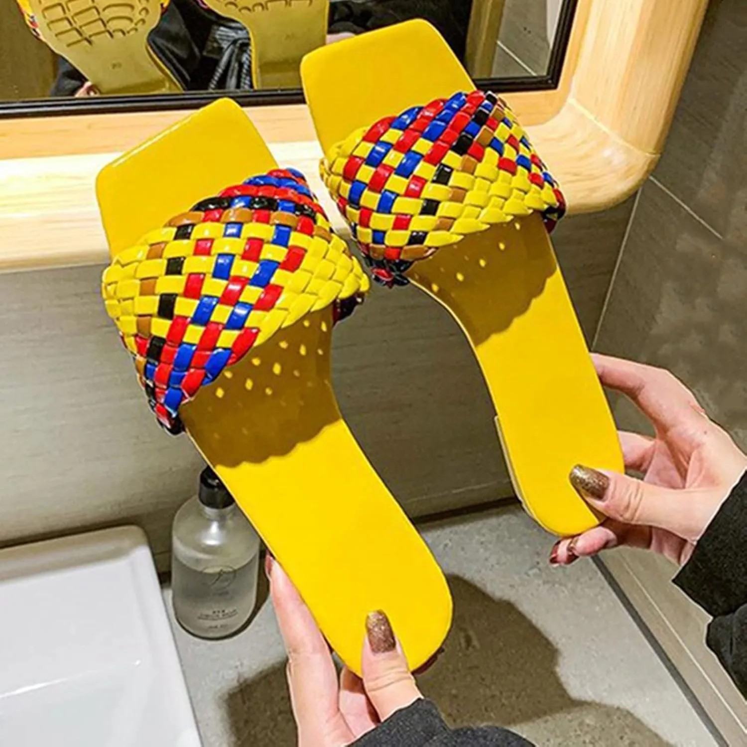 QMFUR Women Square Toe Flat Sandals Woven Leather Slippers Beach slides
