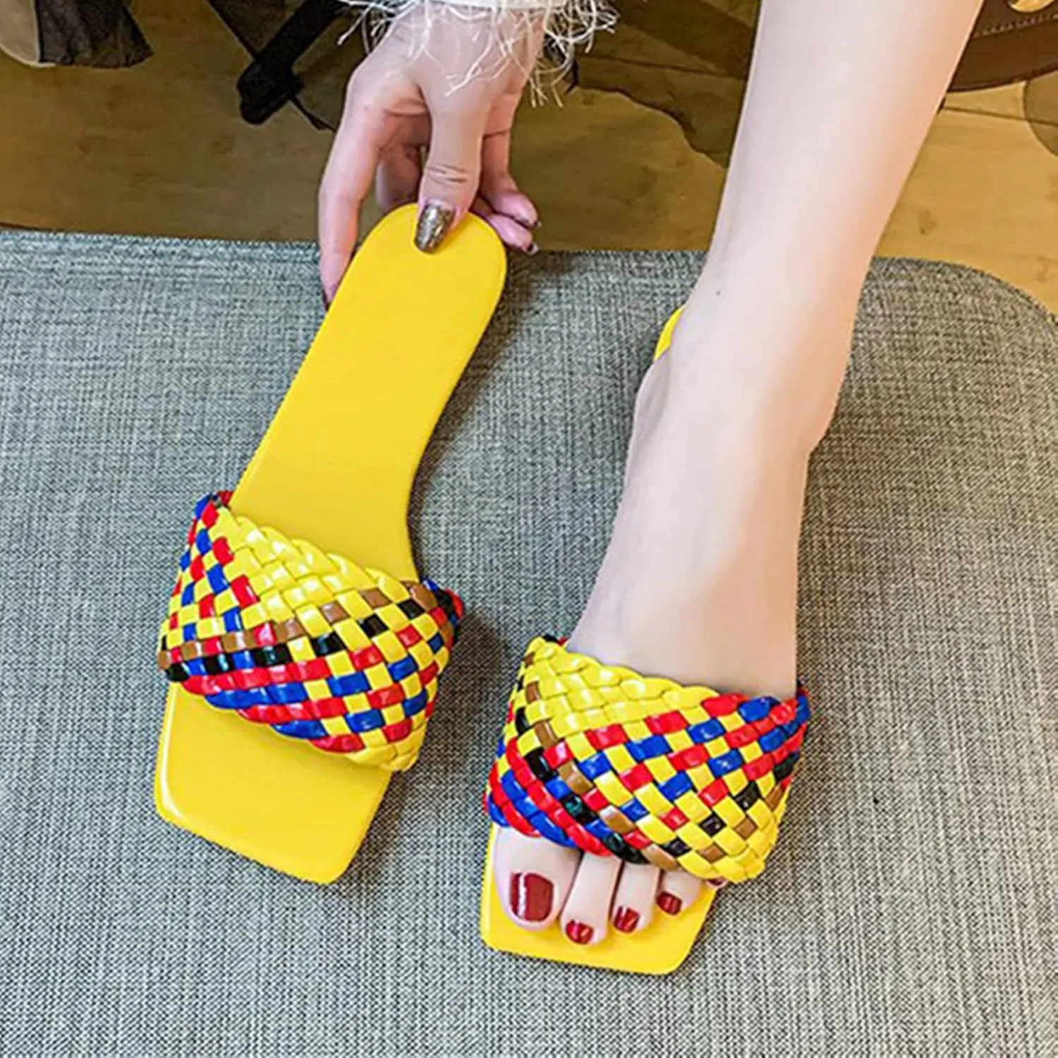 QMFUR Women Square Toe Flat Sandals Woven Leather Slippers Beach slides