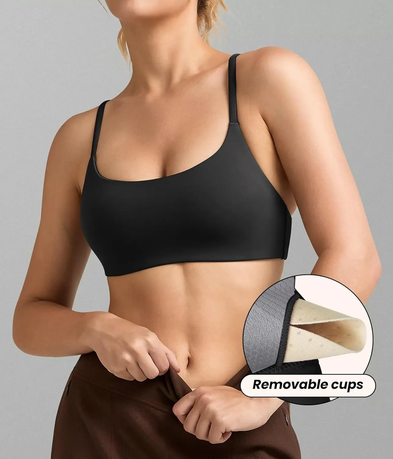 QUEENIEKE Womens Spaghetti Strap Sports Bras for Women Padded Yoga Bra Workout Wireless Crop Comfy Athletic Tops