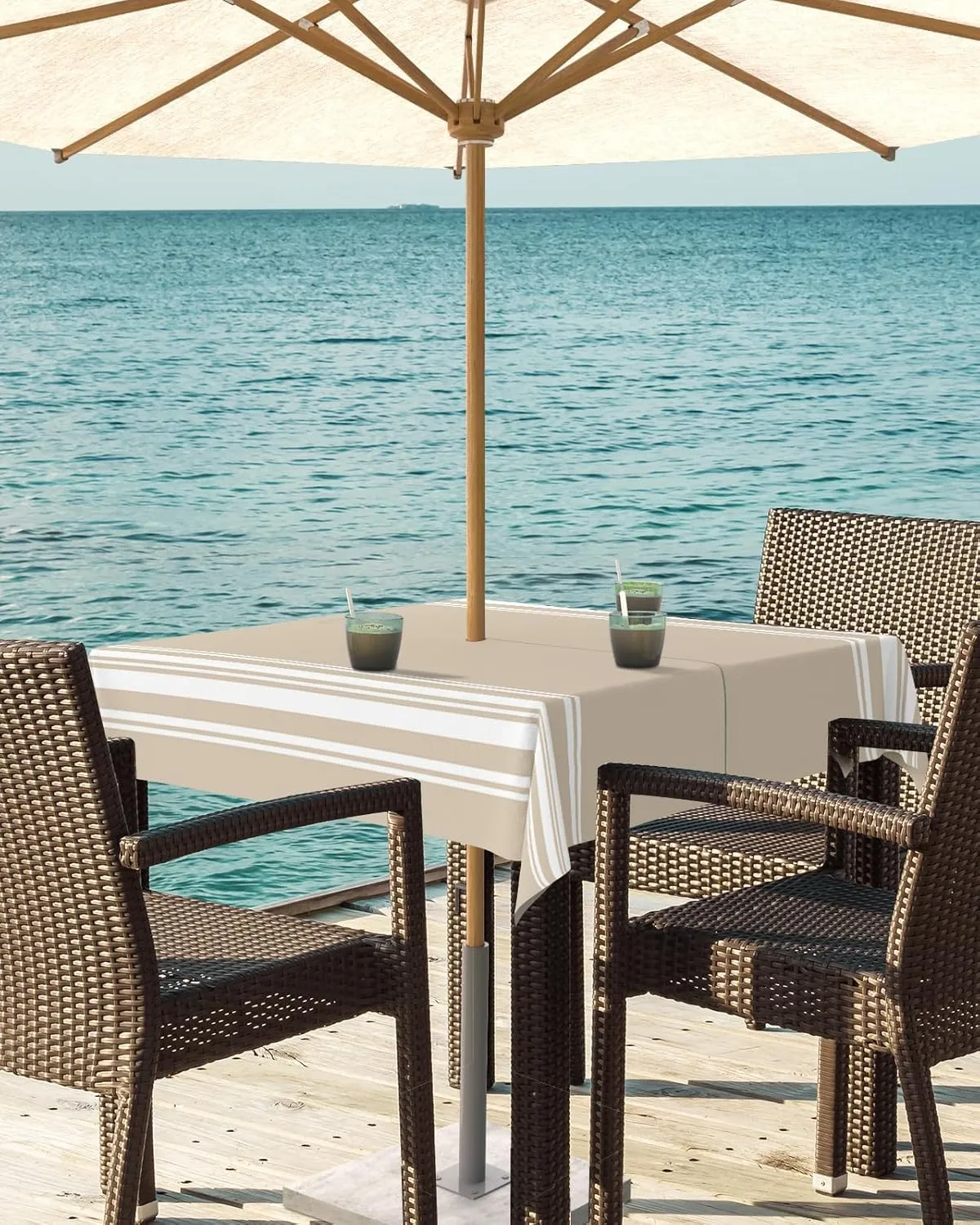 QueenKer Outdoor Tablecloth with Umbrella Hole, Khaki and White Stripe Square Tables Waterproof Tabletop Collection for Patio, Garden, Picnic, Camping, Dining 54 x 54 inch
