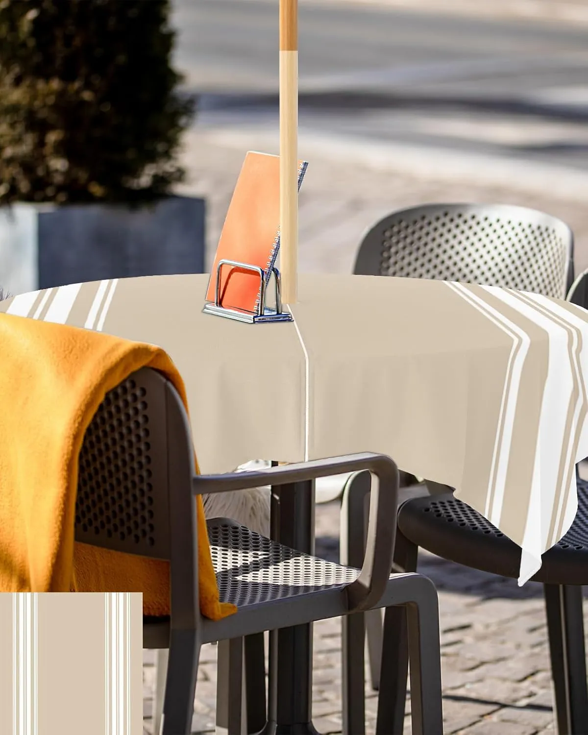 QueenKer Outdoor Tablecloth with Umbrella Hole, Khaki and White Stripe Square Tables Waterproof Tabletop Collection for Patio, Garden, Picnic, Camping, Dining 54 x 54 inch
