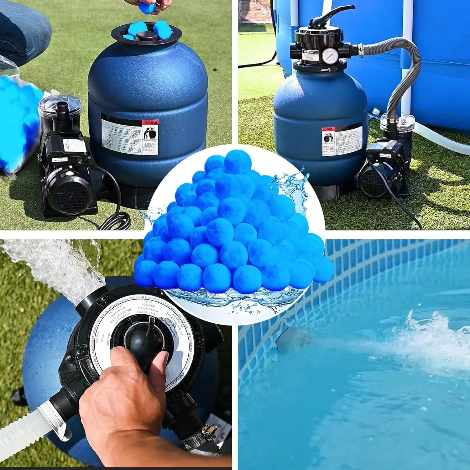 QwayHome 4.6 lbs Pool Filter Balls, Reusable Filter Sand Balls for Above Ground Pool Sand Pump, Pool Filter Sand Alternative, Eco-Friendly Fiber Filter Balls, Replace 165 lbs Filter Sand, Blue
