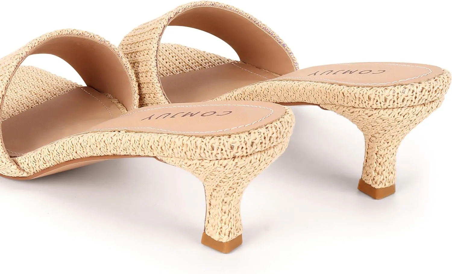 Raffia Mule Sandals for Women Square Toe Slip On Kitten Heels Woven Heeled Slides for Summer Dress and Vacation