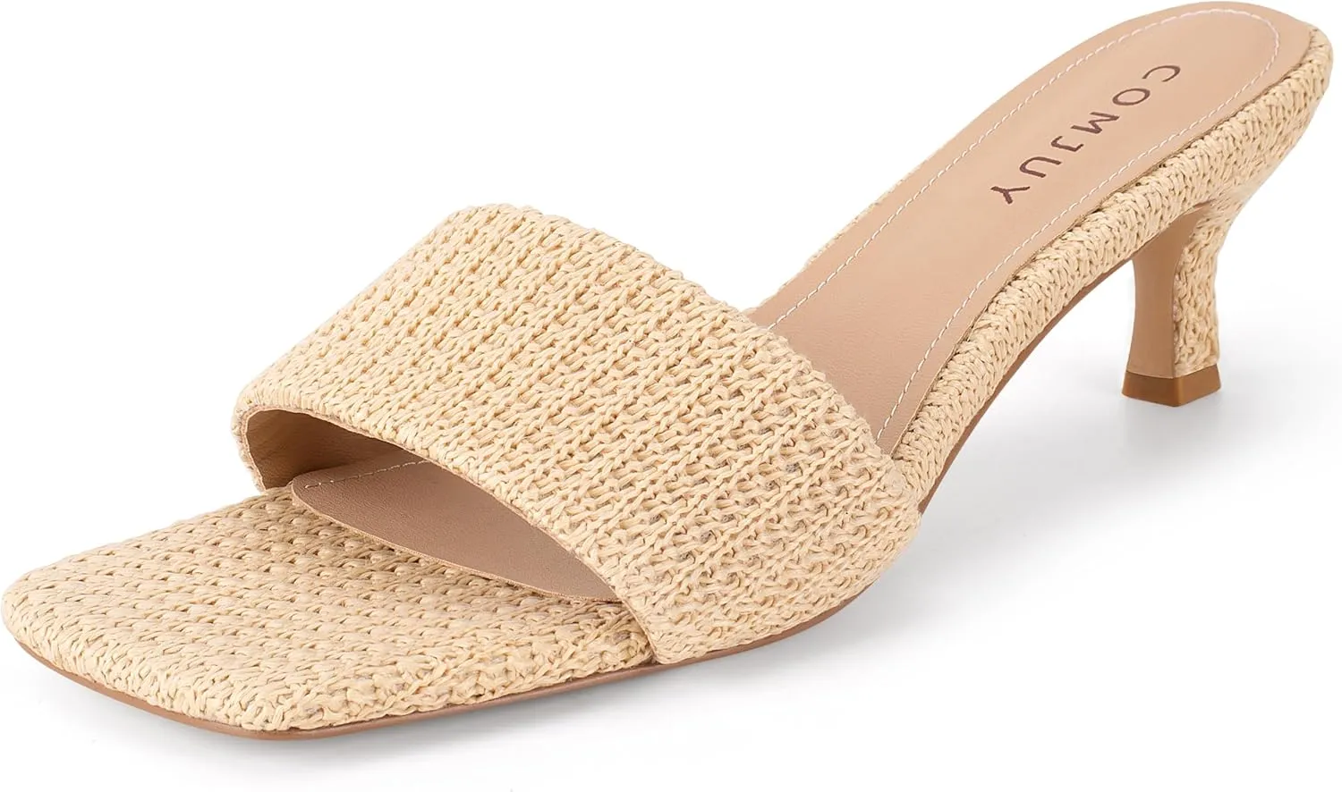 Raffia Mule Sandals for Women Square Toe Slip On Kitten Heels Woven Heeled Slides for Summer Dress and Vacation