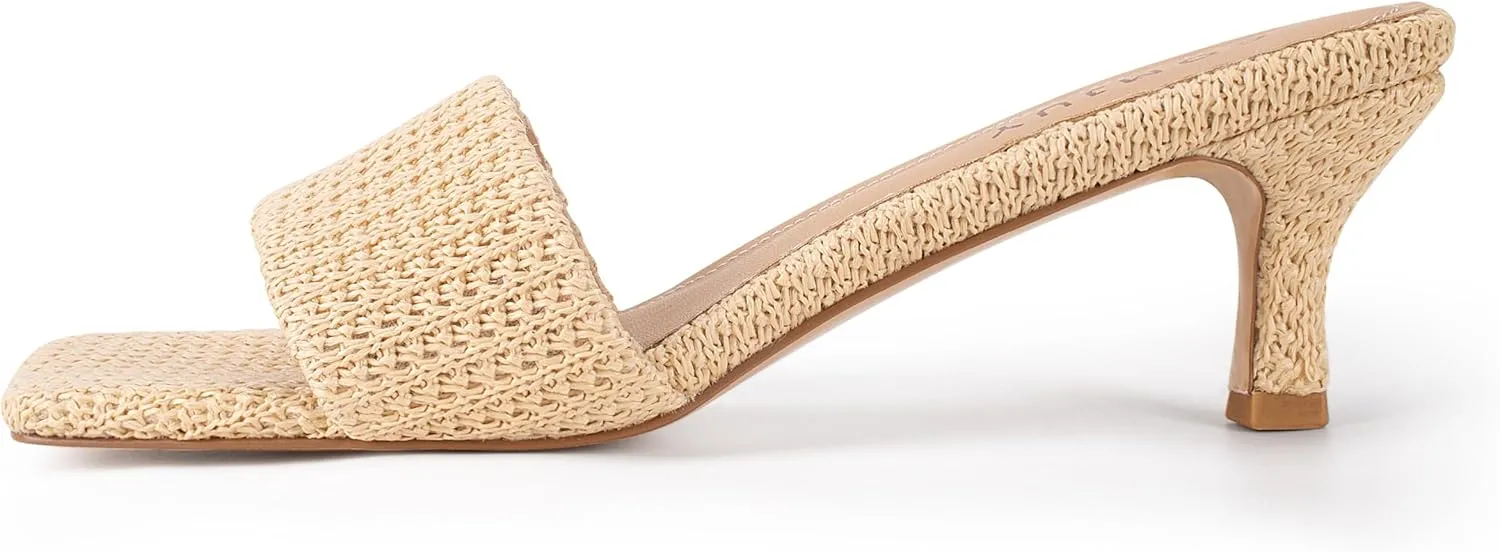 Raffia Mule Sandals for Women Square Toe Slip On Kitten Heels Woven Heeled Slides for Summer Dress and Vacation