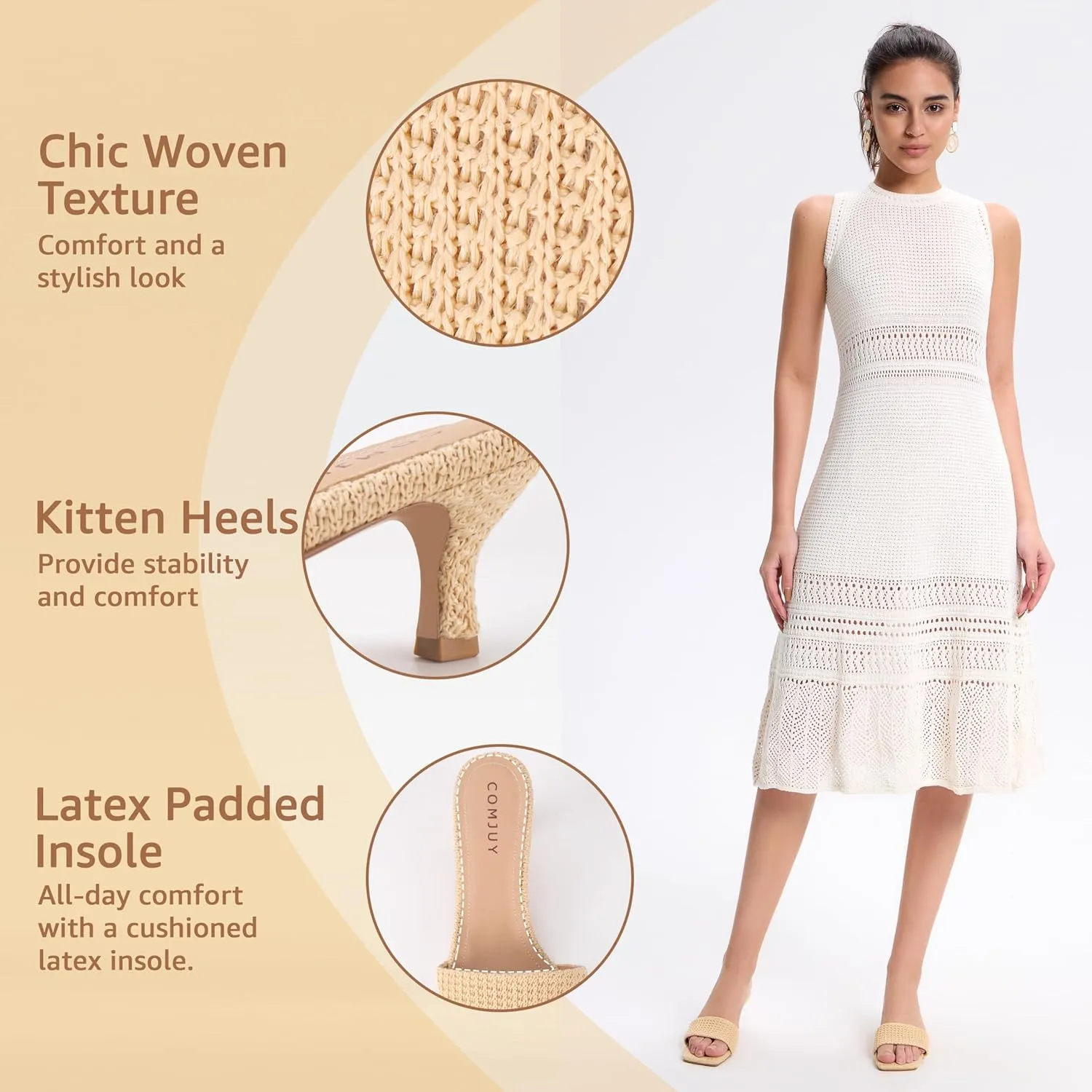 Raffia Mule Sandals for Women Square Toe Slip On Kitten Heels Woven Heeled Slides for Summer Dress and Vacation