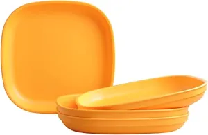 Re-Play Toddler Plates - 32 Oz. Deep-Walled Flat Kids Plates - Dishwasher & Microwave Safe - Made in USA - Set of 4-9" x 9" x 1.25" - Sunny Yellow