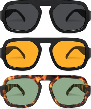 Retro Square Aviator Sunglasses for Women Men 70s Vintage style Shades Trendy Flat Top UV Protection Sun Glasses