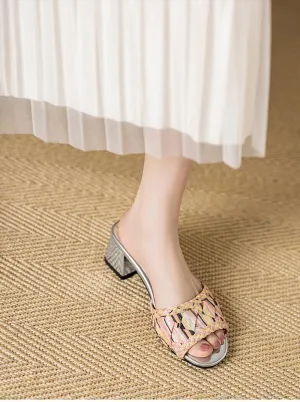 SACFOF Women's Block Heels Mules, Summer Open Toe Block Heels Sandals Chunky Low Heeled Slippers Wedding Dress Pump Shoes