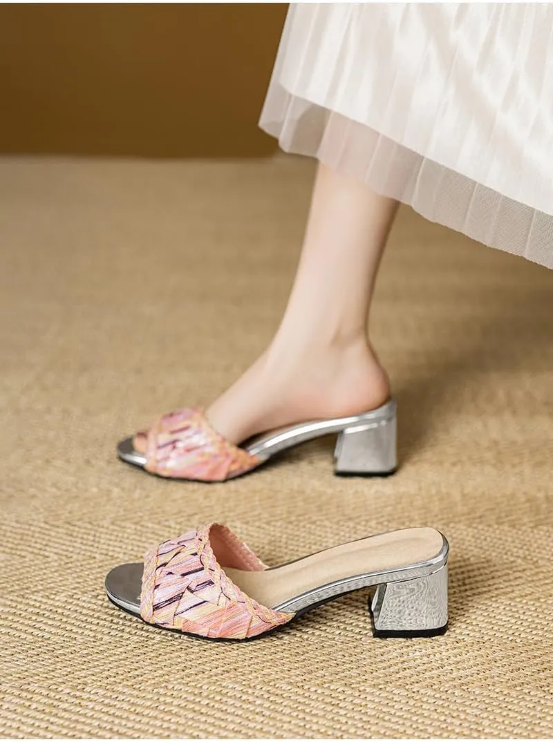 SACFOF Women's Block Heels Mules, Summer Open Toe Block Heels Sandals Chunky Low Heeled Slippers Wedding Dress Pump Shoes