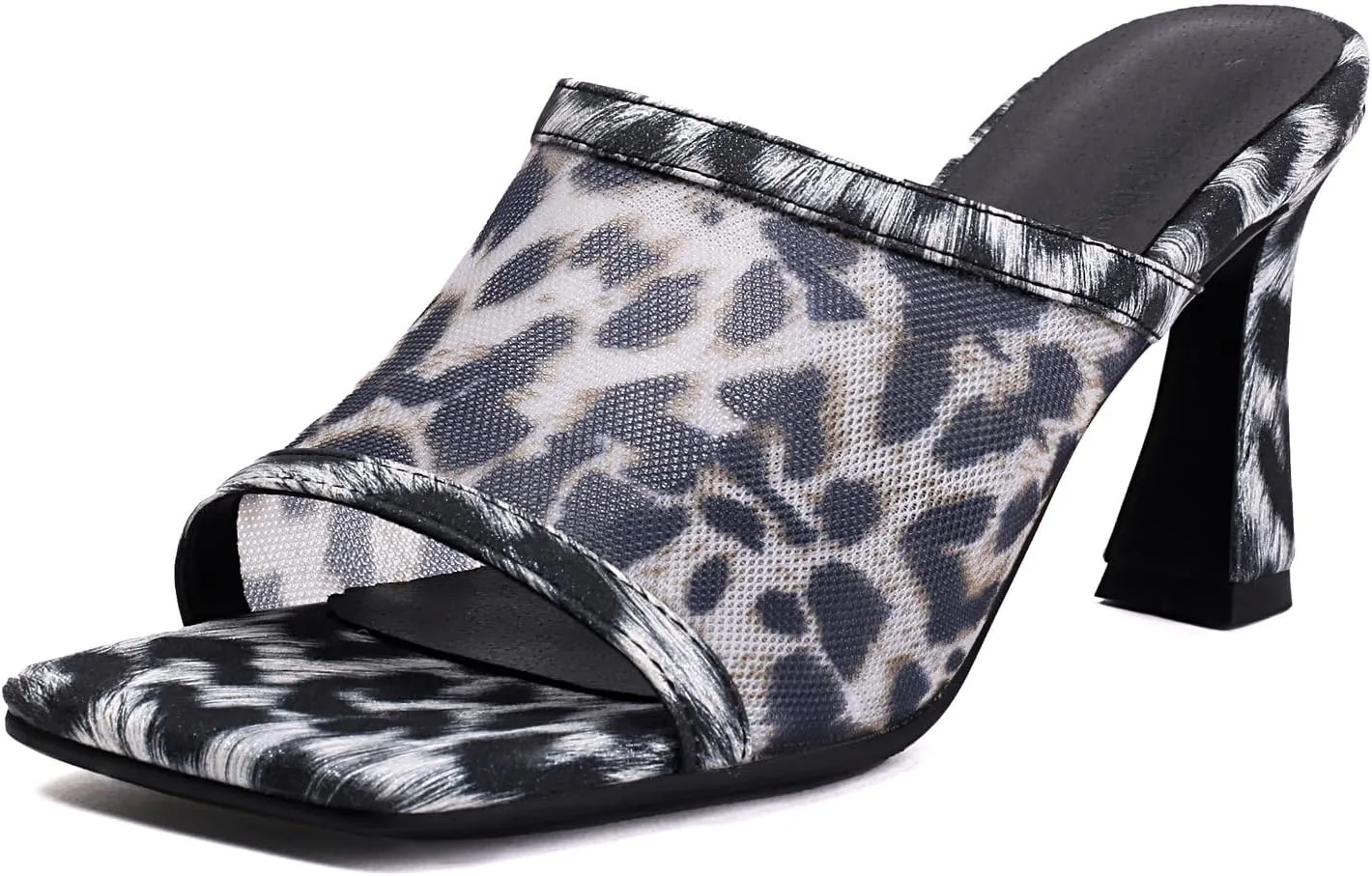 SACFOF Women's Mesh Heeled Sandals Peep Toe Leopard Print Slip on Square Toe Heeled Mules Backless Dressy Sexy Slide Sandals