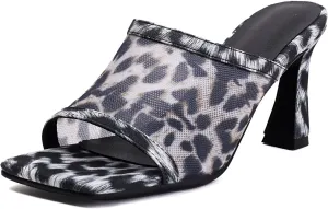 SACFOF Women's Mesh Heeled Sandals Peep Toe Leopard Print Slip on Square Toe Heeled Mules Backless Dressy Sexy Slide Sandals