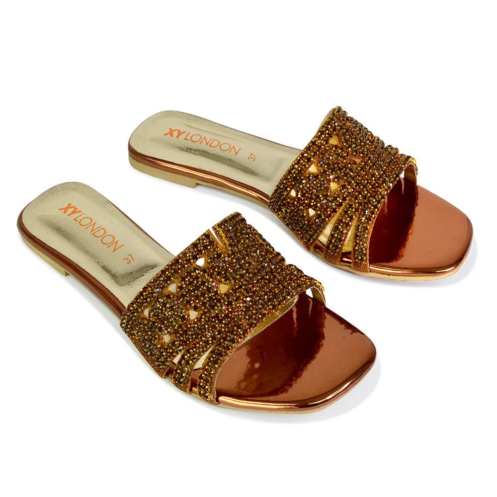 Sam Cut Out Square Toe Sparkly Front Strap Slip On Flat Diamante Sandals in Silver