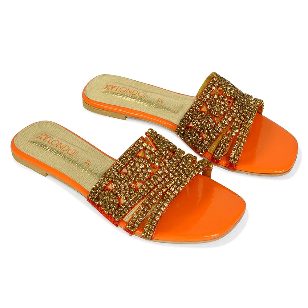 Sam Cut Out Square Toe Sparkly Front Strap Slip On Flat Diamante Sandals in Silver