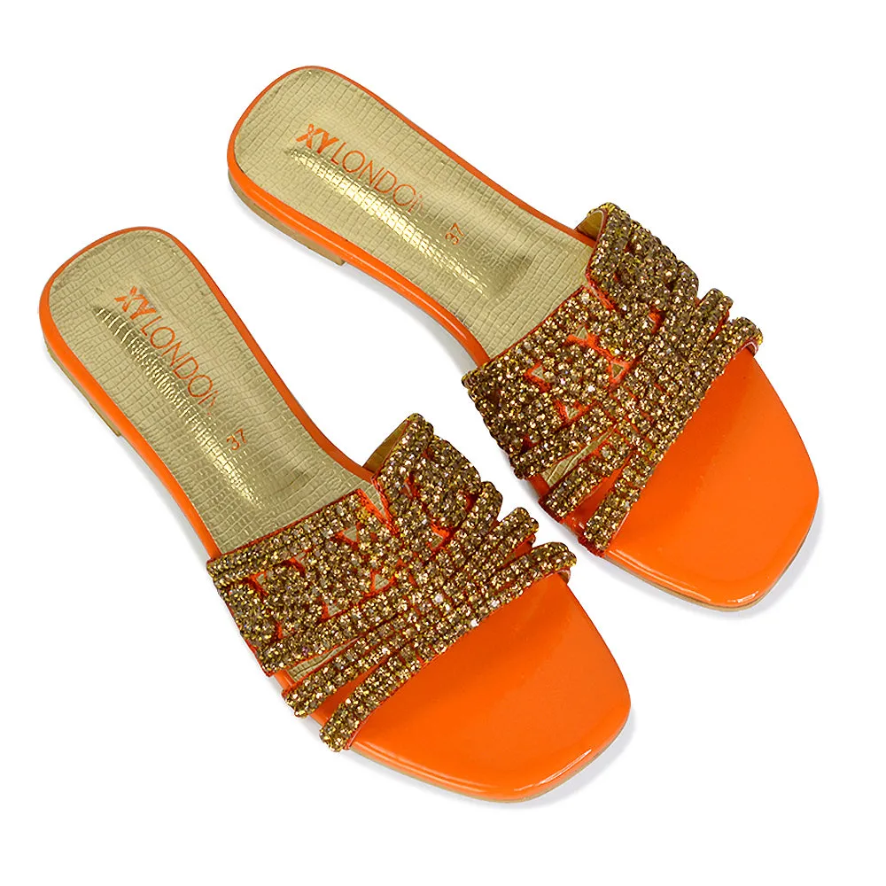 Sam Cut Out Square Toe Sparkly Front Strap Slip On Flat Diamante Sandals in Silver